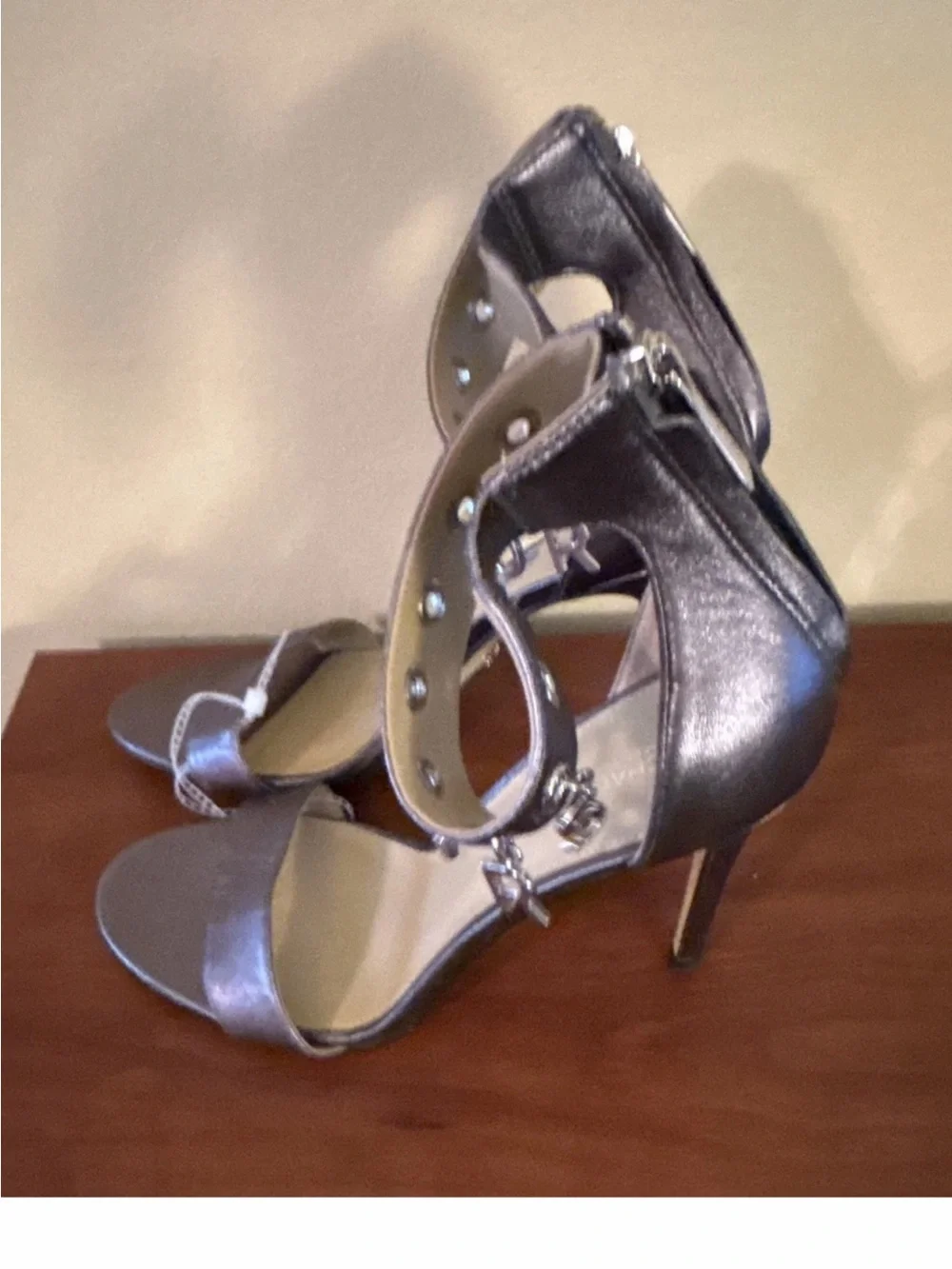Michael Kors Silver Metallic Ankle-Strap Heels with Logo Charms